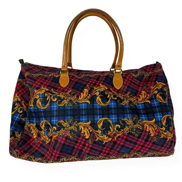Gitano Y2K Duffel Travel Bag 90s Plaid Tapestry Canvas Tote Cottage Retro Chic - Picture 4 of 13